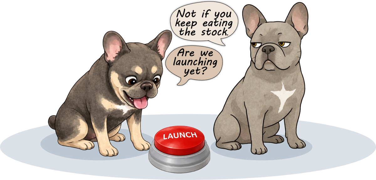 Reo and Rolo sitting either side of a big red launch button. Rolo asks ‘Are we launching yet?’ and Reo replies ‘Not if you keep eating the stock.’